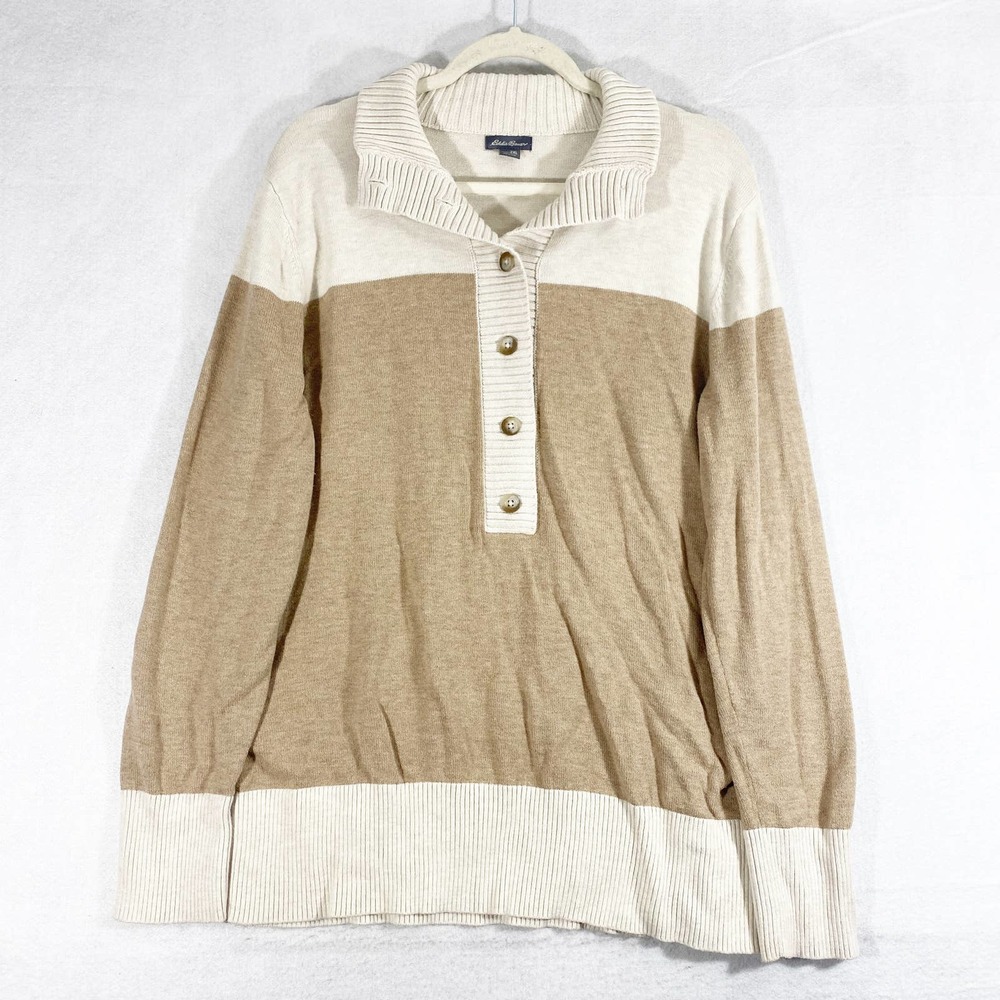 Eddie Bauer Sweater Womens 2XL Tan Henley Button Mock Neck Long Sleeve Knit